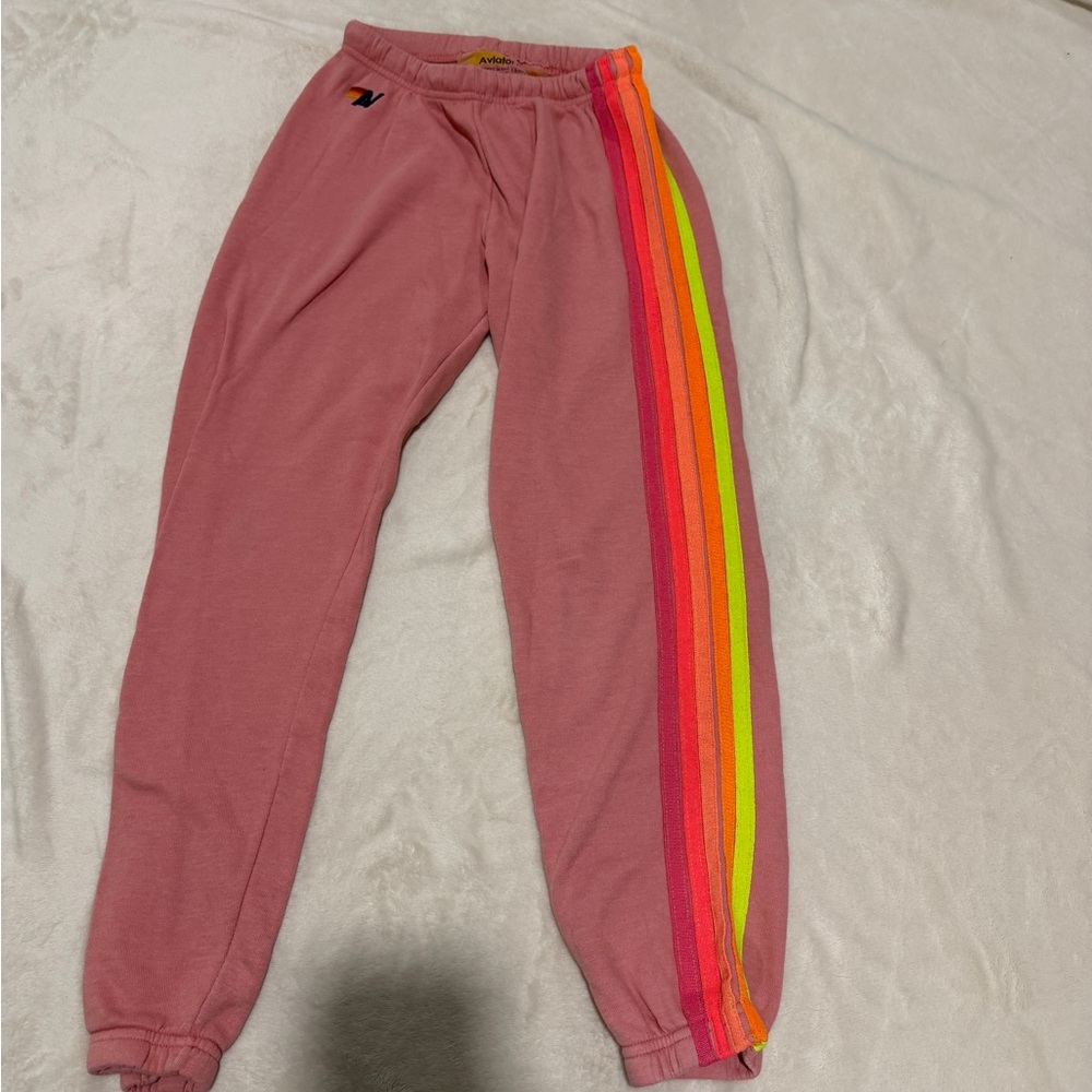 Aviator Nation Pink Joggers with Rainbow Stripes